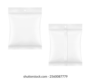 Blank realistic pillow bag with hang slot mockup. Front and back view. Vector illustration isolated on white background. Perfect to create your final pack shot. EPS10.	