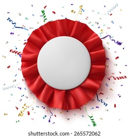 Blank, realistic red fabric award ribbon with colorful confetti and ribbons, isolated on white background. Badge. Vector illustration