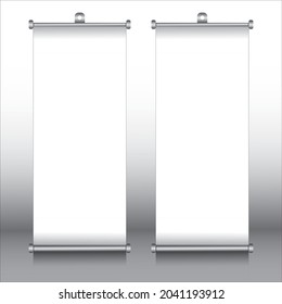 Blank realistic roll up banner with shadow isolated on gradient background