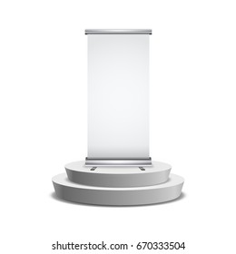 Blank realistic roll-up banner with shadow on round podium isolated on white
