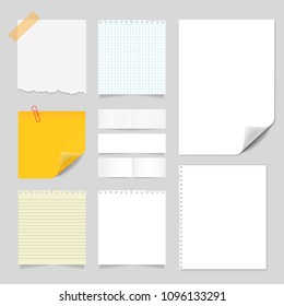 Blank realistic set of different paper pieces, vector mockup