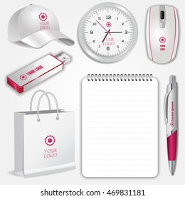 Blank realistic shopping bag, clock, spiral notebook, pen, computer mouse, flash drive and baseball cap isolated on white vector. Display Mock up for corporate identity and promotion objects