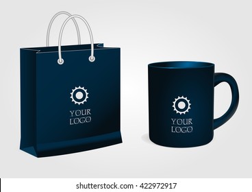 Blank realistic shopping bags and blue cup isolated on white vector. Display Mock up for corporate identity and promotion objects