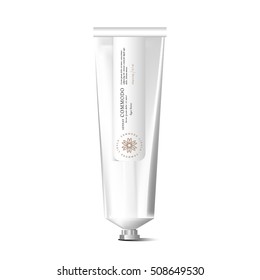 Blank realistic silver tube for cosmetics, cream, ointment, toothpaste, lotion, medicine creme with design label, sticker. Beauty cosmetic tube. Metallic silver tube cream. White background.
