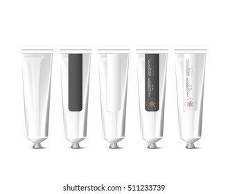 Blank realistic silver tube for cosmetics, cream, ointment, toothpaste, lotion, medicine creme with design label, sticker. Beauty cosmetic tube. Metallic silver tube cream. White background.