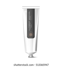 Blank realistic silver tube for cosmetics, cream, ointment, toothpaste, lotion, medicine creme with design label, sticker. Beauty cosmetic tube. Metallic silver tube cream. White background.