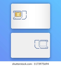 Blank realistic SIM card. Back and front view. Mobile phone chip