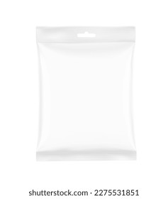 Blank realistic snack pillow bag mockup with slot hole. Front view. Vector illustration isolated on white background. Perfect to create your final pack shot. EPS10.	