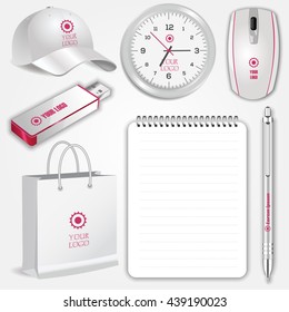 Blank realistic spiral notebook, clock, shopping bag, white pen, computer mouse, flash drive and baseball cap isolated on white vector. Display Mock up for corporate identity and promotion objects