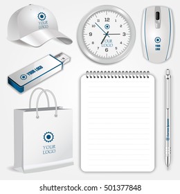 Blank realistic spiral notebook, clock, shopping bag, white pen, computer mouse, flash drive and baseball cap isolated on white vector. Display Mock up for corporate identity and promotion objects
