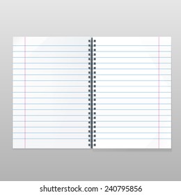 blank realistic spiral notebook with lined opened pages. Portrait orientation.