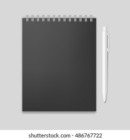 Blank realistic spiral notebook mockup with pen