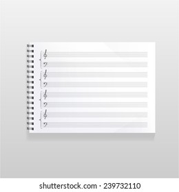 blank realistic spiral notebook with sheet for music recording. landscape orientation.