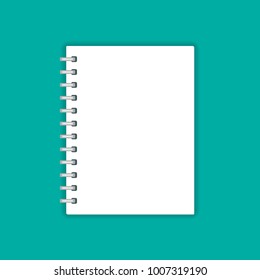 Blank realistic spiral notepad notebook isolated on green, vector illustration.