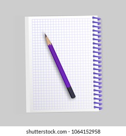 Blank realistic spiral notepad notebook and realistic pencil isolated on white background. Display Mock up for your entries, vector illustration