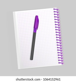 Blank realistic spiral notepad notebook and realistic pen isolated on white background. Display Mock up for your entries, vector illustration