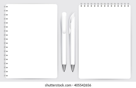 Blank realistic spiral notepad notebook and white pen isolated on white vector. Display Mock up for corporate identity and promotion objects. 