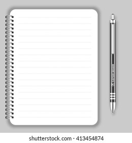Blank realistic spiral notepad notebook and black pen. Display Mock up for corporate identity and promotion objects.