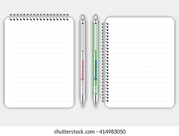Blank realistic spiral notepad notebook and pen isolated on white vector. Display Mock up for corporate identity and promotion objects