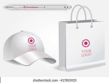 Blank realistic spiral notepad notebook, white pen and baseball cap isolated on white vector. Display Mock up for corporate identity and promotion objects