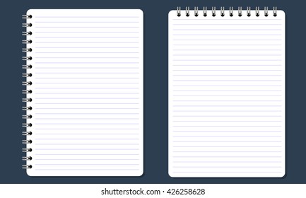 Blank realistic spiral notepad, notebook with flat and solid color. Paper with lines. Isolated on solid background. Vector for Display Mock up. 