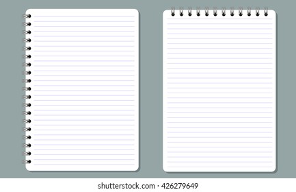Blank realistic spiral notepad, notebook with flat and solid color. Paper with paralel horizontal lines. Isolated on solid background. Vector for Display Mock up. 