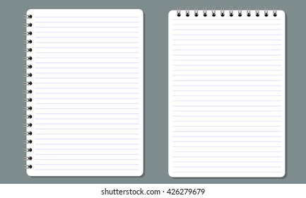 Blank realistic spiral notepad, notebook with flat and solid color. Paper with paralel horizontal lines. Isolated on solid background. Vector for Display Mock up. 