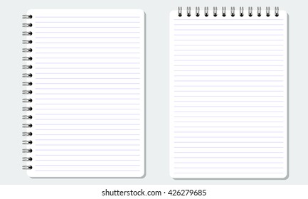 Blank realistic spiral notepad, notebook with flat and solid color. Paper with paralel horizontal lines. Isolated on solid background. Vector for Display Mock up. 