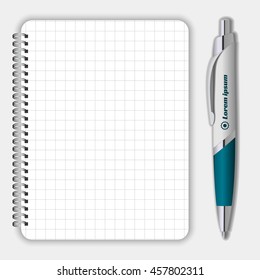 Blank realistic spiral notepad notebook and pen isolated on white vector. Display Mock up for corporate identity and promotion objects