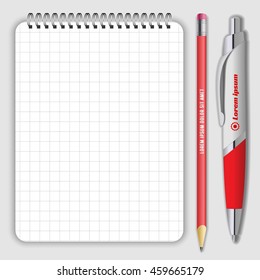 Blank realistic spiral notepad notebook, pen and pencil isolated on white vector. Display Mock up for corporate identity and promotion objects.