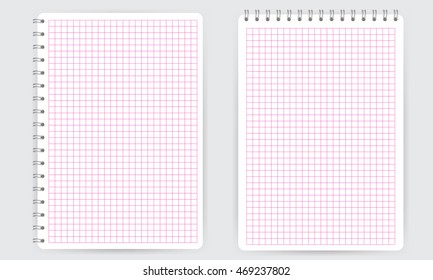 Blank realistic spiral notepad notebook with pink thin squared math grid lines isolated on white vector. Display Mock up.