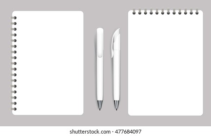 Blank realistic spiral notepad notebook and white pen isolated on white vector. Display Mock up for corporate identity and promotion objects.