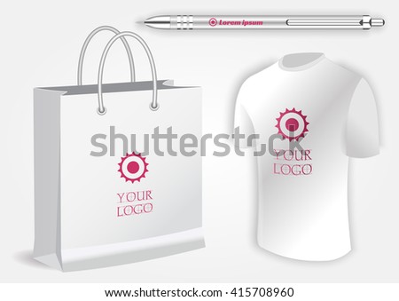 Blank realistic spiral notepad notebook, white pen and  shopping bag isolated on white vector. Display Mock up for corporate identity and promotion objects