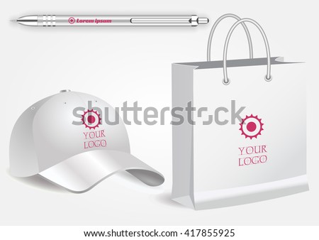 Blank realistic spiral notepad notebook, white pen and baseball cap isolated on white vector. Display Mock up for corporate identity and promotion objects