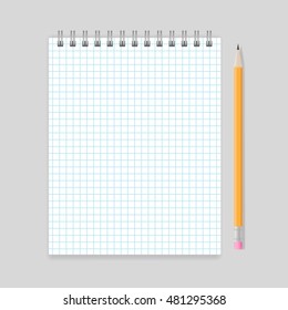 Blank realistic spiral squared notebook mockup with pencil