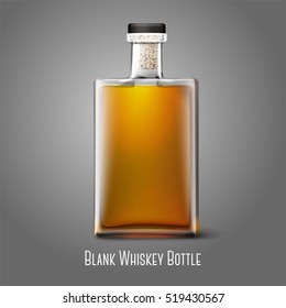 Blank realistic square whiskey bottle isolated on grey background with place for your design and branding. Vector