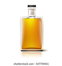 Blank realistic square whiskey bottle isolated on white background with reflection. Place for your design and branding. Vector