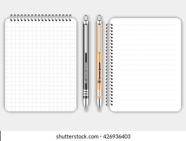 Blank realistic squared and lined spiral notepad notebook with blackand orange pen isolated on white vector. Display Mock up for corporate identity and promotion objects