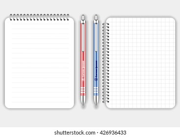 Blank realistic squared and lined spiral notepad notebook with red and blue pen isolated on white vector. Display Mock up for corporate identity and promotion objects