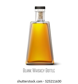 Blank realistic triangle whiskey bottle isolated on white background with place for your design and branding. Vector