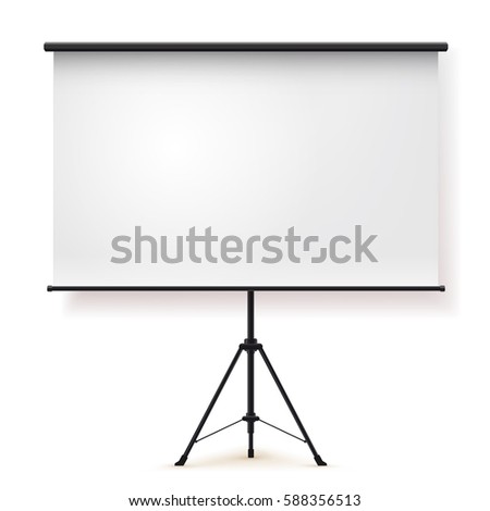 Blank realistic tripod portable projection screen. Vector illustration. Isolated on white background.