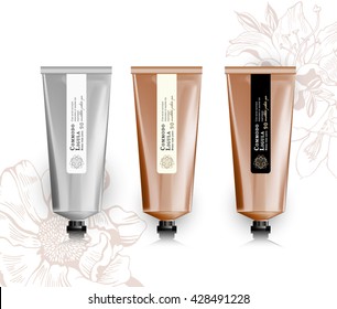 Blank realistische Tube für Kosmetik, Creme, Salbe, Zahnpasta, Lotion, Medizin Creme mit Design-Label, Aufkleber. Schönheitsröhre. Orangefarbene Röhre. Blumen Hintergrund.