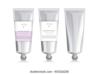 Blank realistische Tube für Kosmetik, Creme, Salbe, Zahnpasta, Lotion, Medizin Creme mit Design-Label, Aufkleber. Schönheitsröhre. Metallische Silberröhre. Weißer Hintergrund.