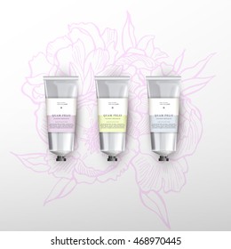 Blank realistic tube for cosmetics, cream, ointment, toothpaste, lotion, medicine creme with design label, sticker. Beauty cosmetic tube. Flowers peonies background.