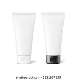 Blank realistic tube mockup. White and black caps. Vector illustration isolated on white background. Can be use for your design, advertising, promo and etc. EPS10.