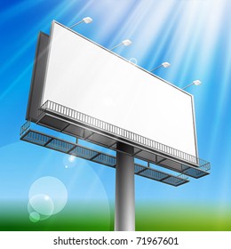 Blank, realistic vector advertising construction on blue sky background