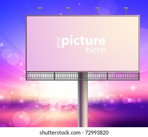 Blank, realistic vector advertising construction on sunset sky background