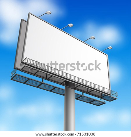 Blank, realistic vector advertising construction on blue sky background