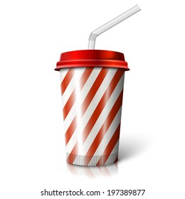 Blank realistic vector cinema cola cup with stripes and straw. Isolated on white background with reflection. 