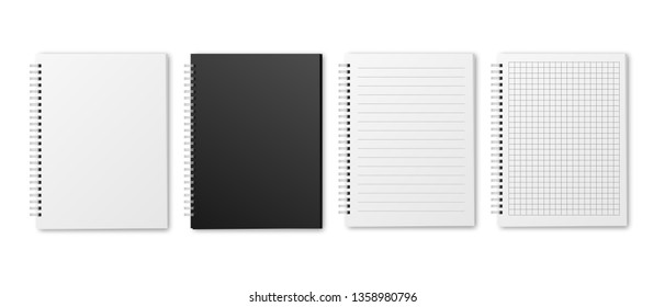 Blank realistic vector horizontal lined and squared notebooks with shadow. Copybooks with blank opened ruled page on metallic spiral, dairy or organizer mockup